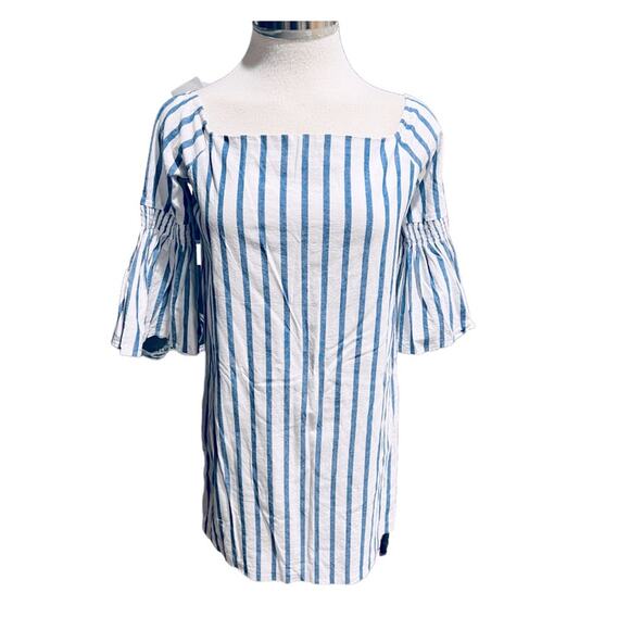 Aqua  Mini Dress Blue/White Cotton Striped 3/4 Bell Sleeve Size S - Picture 2 of 8